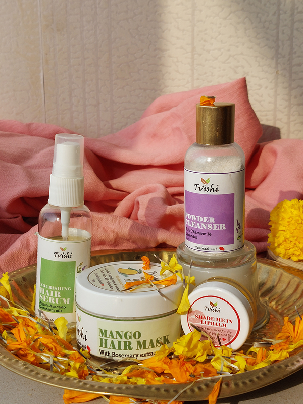 SARAVEDI KIT - Nourishing Hair Serum / Powder Cleanser / Mango Hair mask / Shade me in Lipbalm – 6gm